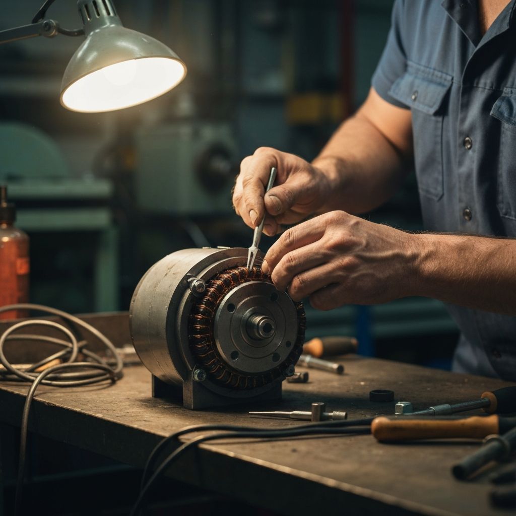 Técnico consertando motor elétrico na oficina